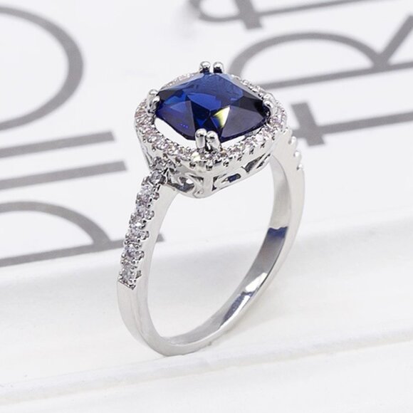 🔥 Classic Square Royal Blue Gemstone Zircon Thin Rings for Women, EVGG1220 - Picture 4 of 6